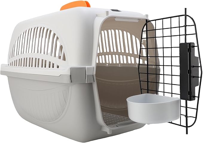 Jiawu Pet Carrier, Hard Sided Spacious Interior Lightweight Plastic Dog Travel Carrier, Portable Pet with Food Bowl for Outdoor Travel, Home, Vet Visits (Gray)
