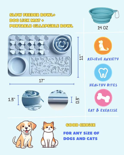 Silicone Lick Mat & Slow Feeder Bowl for Dogs and Cats – Suction Cup Snuffle Mat for Dogs and Cats – Slow Eating, Smell Training, Collapsible Portable Pet Bowl (Blue)