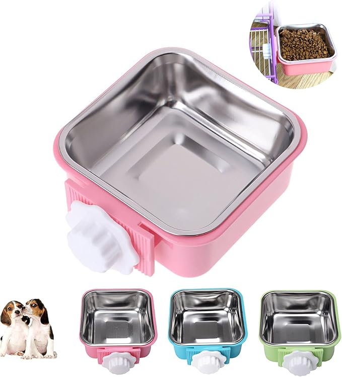 Love Dream Crate Dog Cat Bowls, Hanging Pet Cage Food Water Feeder with Removable Stainless Steel Bowls and Bolt Holder for Puppy Cat Rabbit Birds (Small, Pink)