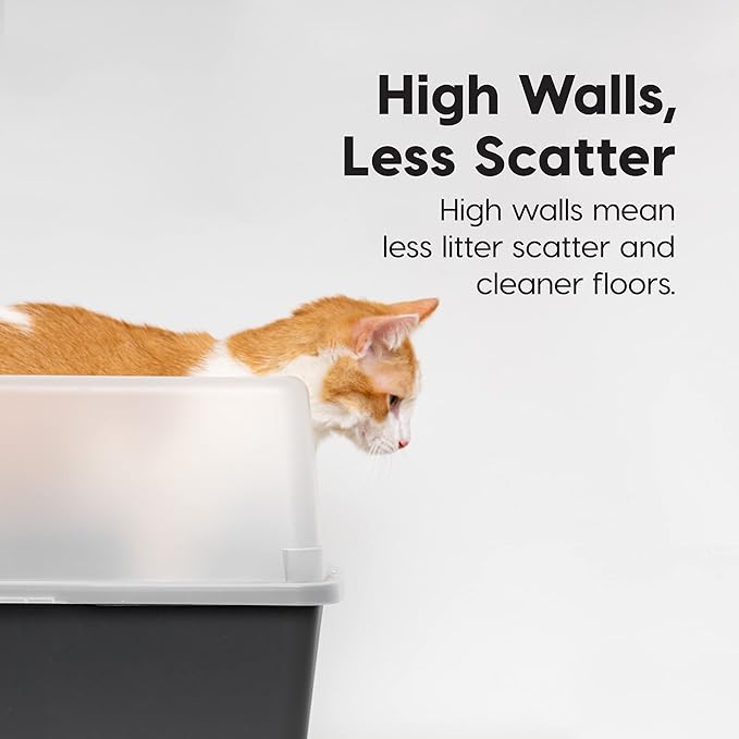 IRIS USA Large Open Top Cat Litter Box with High Sided Walls Tall Scatter Shield Scoop Included Easy Clean Plastic Pan Stain Resistant for Cats Kittens Indoor Multi-Cat Households 2-Pack Black