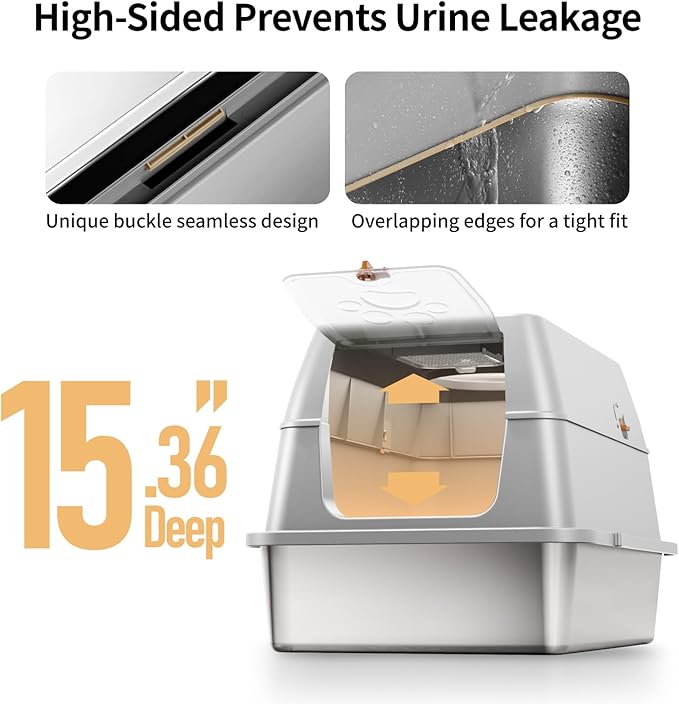 Stainless Steel Cat Litter Box with Lid, XL Large Enclosed High Sided Litter Box with Removable Lid, Carbon Filters -Odor Free, Easy Cleaning, Anti-Urine Leakage for Big Cats/Multiples-Grey