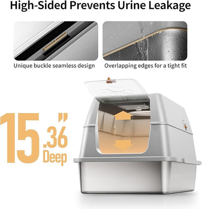Stainless Steel Cat Litter Box with Lid, XL Large Enclosed High Sided Litter Box with Removable Lid, Carbon Filters -Odor Free, Easy Cleaning, Anti-Urine Leakage for Big Cats/Multiples-Grey