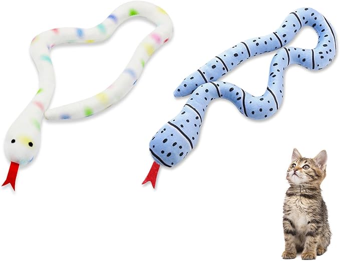 Andiker 2PCS Snake Cat Toys, 23.6 Inches Long Realistic Snake Shape Cat Plush Toys with Bite-Resistant Fabric Interactive Cats Toy for Indoor Cats to Bite Chew Keep Teeth Clean (Colourful&Blue)