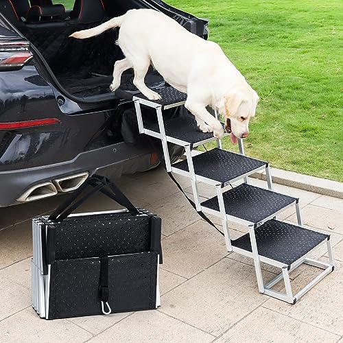 Uross Dog Stairs for Car 5 Steps - Collapsible Dog Steps Ramp for Car and SUV, Aluminum Pet Ramp Stairs for Large Dogs,Telescoping Ladder for Truck, High Bed by Uross
