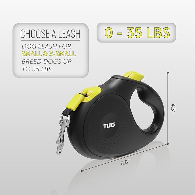 TUG 360° Tangle-Free Retractable Dog Leash | 16 ft Strong Nylon Tape (Small, Black/Yellow)