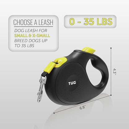 TUG 360° Tangle-Free Retractable Dog Leash | 16 ft Strong Nylon Tape (Small, Black/Yellow)