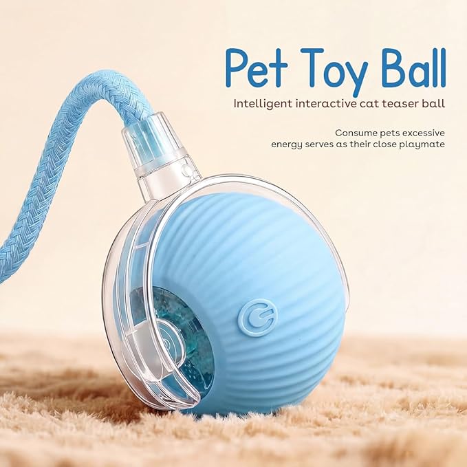 Interactive Cat Toy Ball, Automatic Intercative Cat Toys for Indoor Cats, The 3rd Generation Agile Moving Cat Ball with Elastic Mesh Tail, Toys for Indoor Adult Cats (Blue)