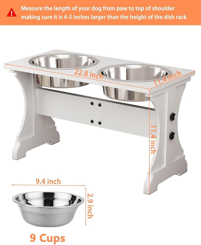 Piskyet Modern Farmhouse Dog Bowls Stand, Elevated Dog Bowls with 2 Stainless Steel Wooden Bowls, 80 oz Bowl-White