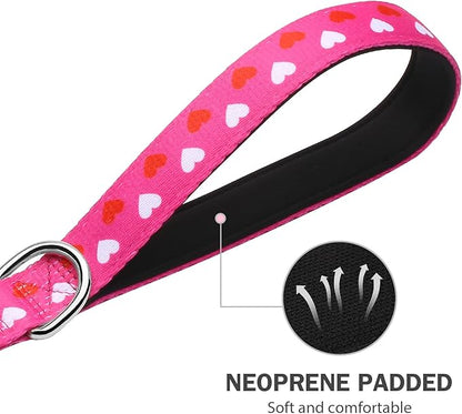 Hikiko Double Handle Dog Leash 6 Ft for Medium Large Dogs Padded Traffic Handles Lead for Walking Training (Pink Love)