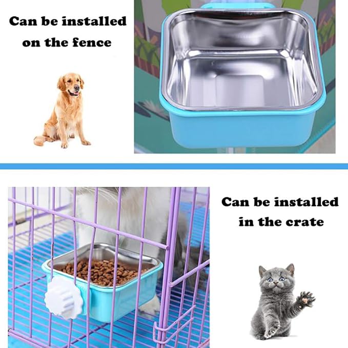 Love Dream Crate Dog Cat Bowls, Hanging Pet Cage Food Water Feeder with Removable Stainless Steel Bowls and Bolt Holder for Puppy Cat Rabbit Birds (Small, Green)