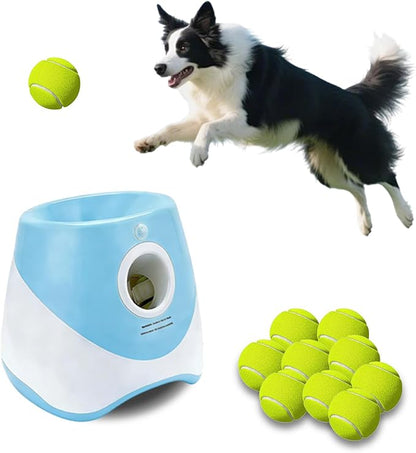 Automatic Dog Ball Launcher for Small to Medium Dogs - Hands-Free Interactive Fetch Toy, 3 Adjustable 10-30Ft Distance, 9 Pcs 2 Inch Eco-Friendly Dog-Safe Mini Tennis Balls. (Blue)