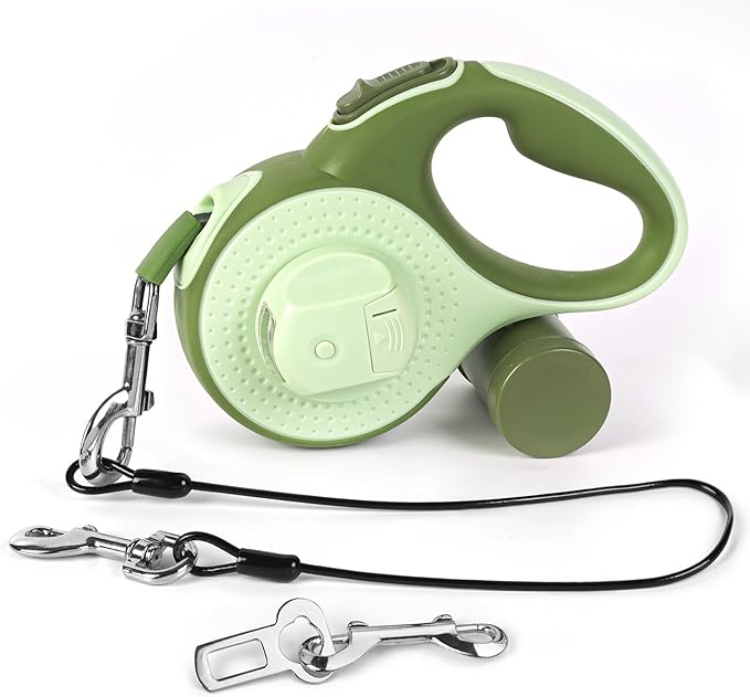 26ft Heavy Duty Retractable Dog Leash for Large Dogs, Dog Leash with Poop Bag Holder, Up to 100lbs, with LED Light, Chew Proof Cable, One-Handed Pause & Lock, 360° No Tangle. (Green, 26Ft)