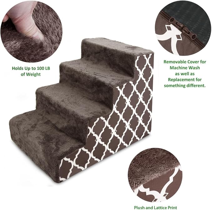 Best Pet Supplies Dog Stairs & Steps - Foam Steps for Small Dogs & Cats, Non-Slip Indoor Balanced Pet Step Support, Dog Ramp, No Assembly, Brown Lattice Print, 4-Step (18-inch Height)