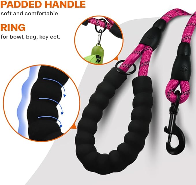Taglory Rope Dog Leash 5 FT with Comfortable Padded Handle, Highly Reflective Threads Leash and Anti-Tangle Clip for Walking Small Dogs, 3/8 inch, Hotpink