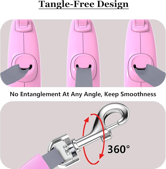 Retractable Dog Leash, 16Ft/5M Light Weight Retractable Leash for Small Medium Dogs/Cats Up to 50lbs, Strong Nylon Tape 360° Tangle-Free One-Hand Brake (Pink)