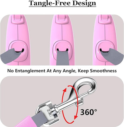 Retractable Dog Leash, 16Ft/5M Light Weight Retractable Leash for Small Medium Dogs/Cats Up to 50lbs, Strong Nylon Tape 360° Tangle-Free One-Hand Brake (Pink)