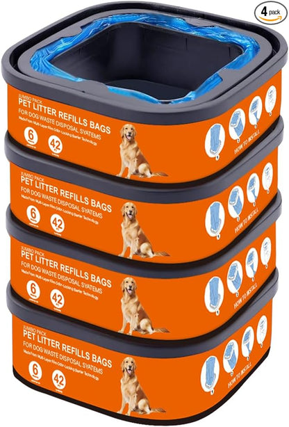 42FT Jumbo Square Refills Disposal Bags Refill Compatible with Pet Dogs Genie Dog Waste Disposal System Pails, Up to 6 months of Supply,Ultimate Odor Control Dog Poop Bags, 4 Pack