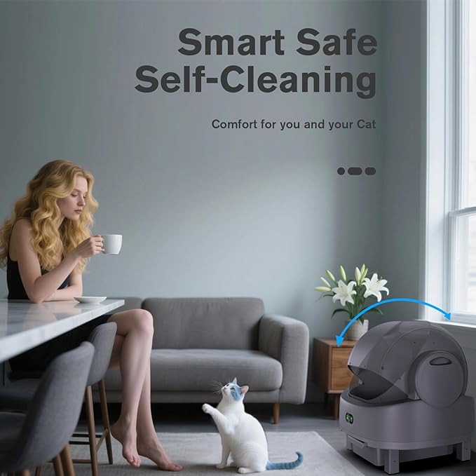 Self Cleaning Cat Litter Box, Open-Top Large Automatic Litter Box for Multiple Cats with Safety Sensors, Includes Liner Bags and Litter Mat Light Grey