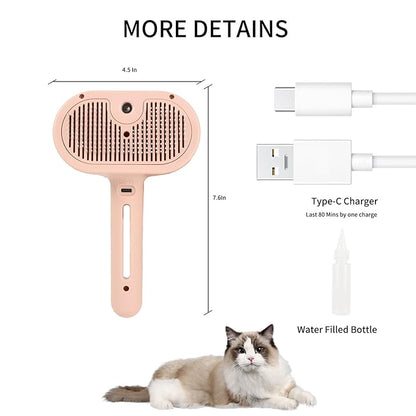 Cat Steam Brush for Long Haired Cats, Dog Brush for Shedding Pet Grooming, Self Cleaning Hair Removal Comb, Pink