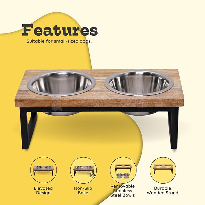 Elevated Dog Bowls, 4” Small Dogs & Cats Raised Bowl Mango Wood Stand, Food & Water 2 Stainless Steel Dishes Each 16oz/2Cup Capacity, Non-Slip Pet Feeder Station in Brown for Toy Breeds