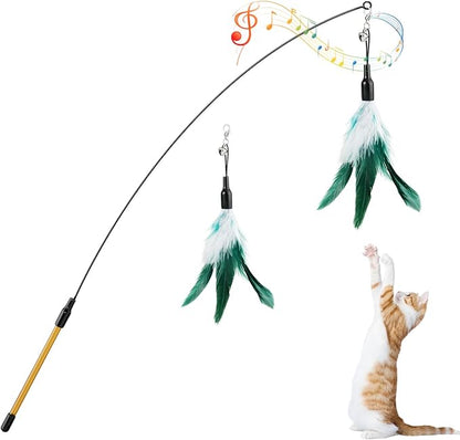 Pawaboo Feather Teaser Cat Toy, Interactive Feather Wand Cat Toy Flying Feather Cat Catcher with Extra Long 34.5" Wand and Small Bell, Fun Exerciser Playing Toy for Kitten or cat, White & Green