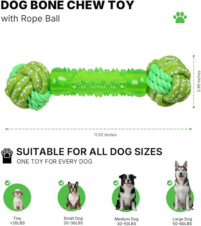 Bone Dog Chew Toy with Rope Ball - Tough Dog Toys with Textured Body for Teeth Cleaning, Dental Chew Toy for Small, Medium and Large Dogs, Green