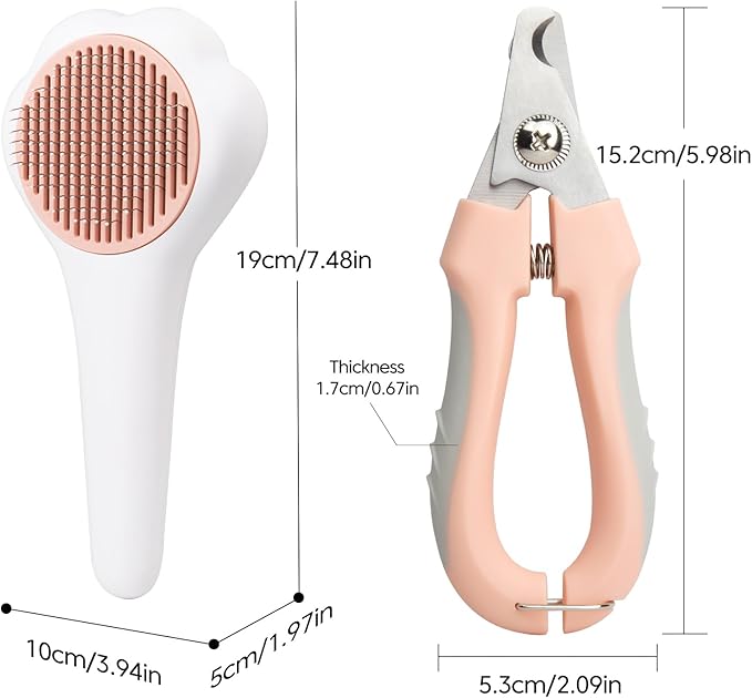 Self-Cleaning Cat Brush for Shedding with Cat Nail Clipper 2-Piece Set for Pets That Shed a Lot or Have Overgrown Nails,Including Long-Haired & Short-Haired Cats, Small & Medium Dogs, Rabbits and More