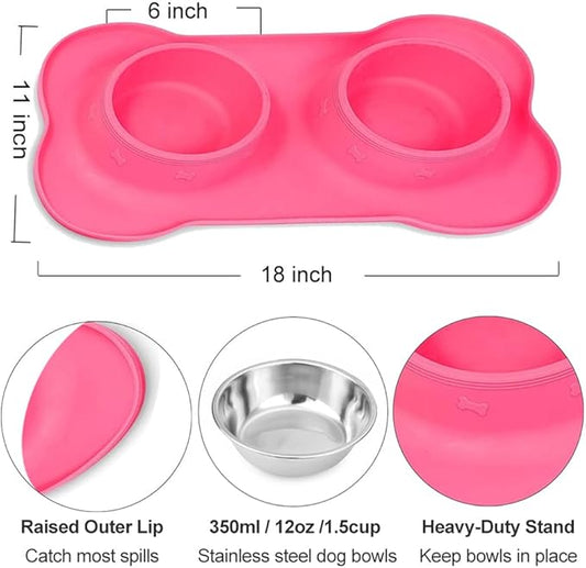 AsFrost Dog Food Bowls Stainless Steel Pet Bowls & Dog Water Bowls with No-Spill and Non-Skid, Feeder Bowls with Dog Bowl Mat for Dogs Cats and Pets-Pink, 24 0z in Total