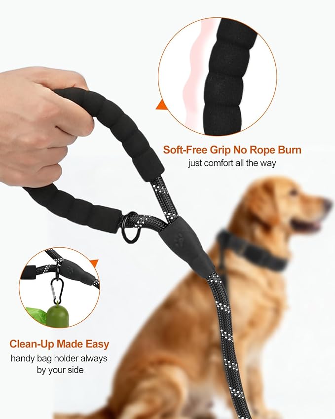 Joytale Dog Leash for Large Dogs, Heavy Duty Nylon Leashes with Comfortable Padded Handle and Highly Reflective Threads, Ideal for Walking and Training, Black, 5'×1/2''