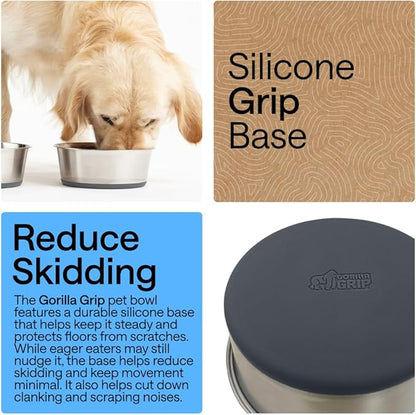 GORILLA GRIP Dog Bowls, Food Grade 304 Stainless Steel, Holds 2 Cups Each (16 fl oz) Food and Water Bowl for Feeding Dogs and Cats, Dishwasher Safe, Rust Resistant, BPA Free Rubber Base Set of 2 Gray