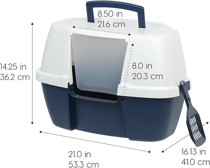 IRIS USA Corner Cat Litter Box - Enclosed Corner Litter Box with Scoop, Hooded Litter Tray for Corners, Space-Saving Covered Litter Box, Odor Defensive, Navy/White