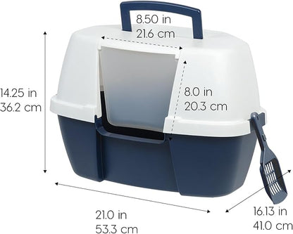 IRIS USA Corner Cat Litter Box - Enclosed Corner Litter Box with Scoop, Hooded Litter Tray for Corners, Space-Saving Covered Litter Box, Odor Defensive, Navy/White