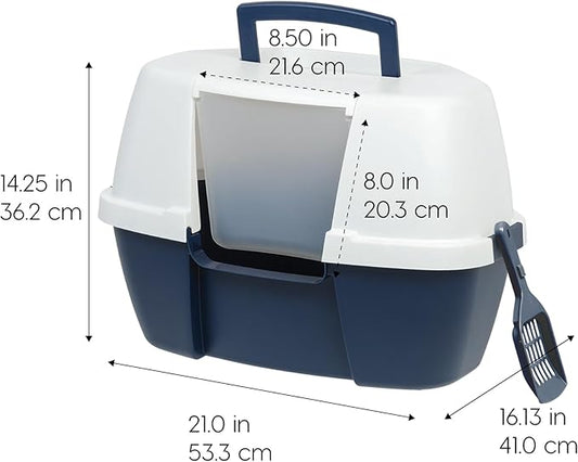 IRIS USA Corner Cat Litter Box - Enclosed Corner Litter Box with Scoop, Hooded Litter Tray for Corners, Space-Saving Covered Litter Box, Odor Defensive, Navy/White