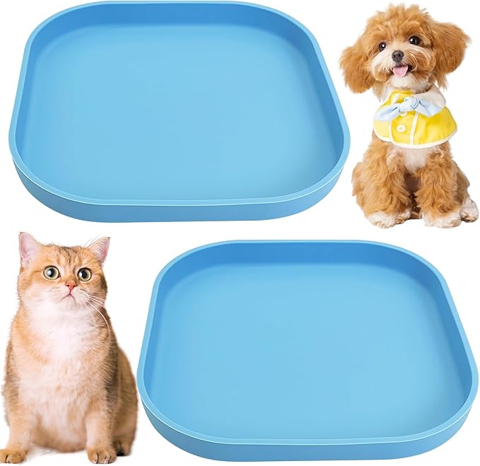 Fhiny 2PCS Silicone Cat Bowls Set 7.1 x 7.1 in Shallow Dog Dish Whisker Friendly Cat Food Plate for Dry & Wet Food Dishwasher Safe Non-Slip Pet Feeding Bowls for Kittens and Puppies (Blue)