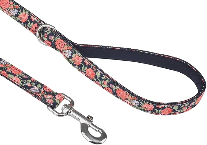 Black Floral Print Dog Leash - 4Ft Durable Nylon for Medium & Large Dogs, Lightweight (M, Black Floral)