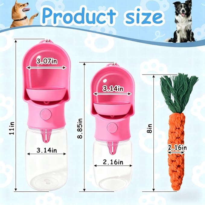 11OZ Portable Dog Water Bottle with Food Container | BPA-Free | Leak-Proof | Perfect for Outdoor Walks (Pink, 11OZ)