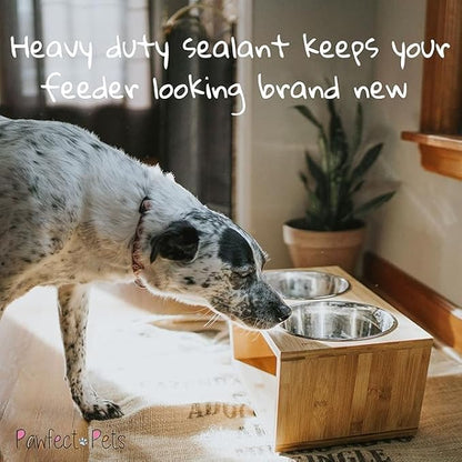 Pawfect Pets Elevated Dog Bowl Stand- 7" Raised Pet Feeder for Medium Dogs with Four Stainless Steel Bowls.