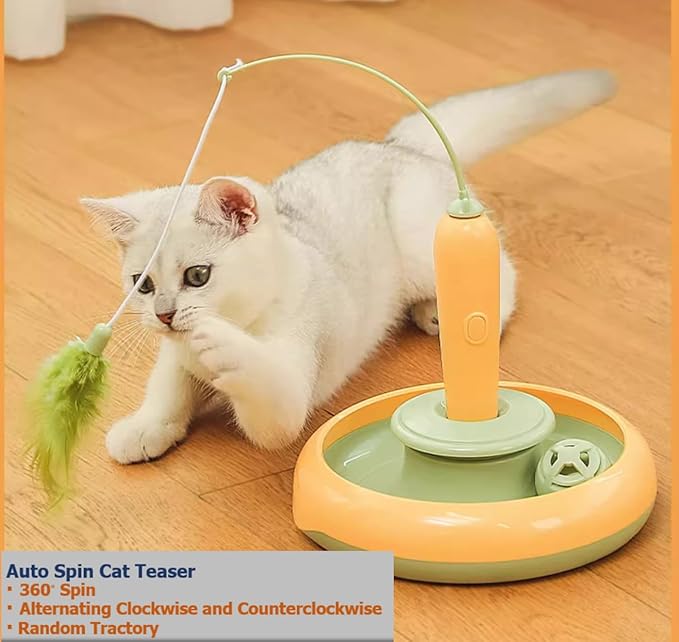 Interactive Cat Toys for Bored Indoor Cats, Automatic Cat Toy 3-in-1 Smart Teaser Wand Featuring Spinning Feather&Rolling Ball Track,Cats Dancer Toy Stimulates Hunting Instincts,Weight Control，Yellow