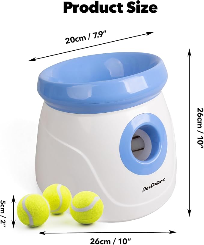 Pet Prime Automatic Dog Ball Thrower Launcher for Small and Medium Dogs, Interative Dog Fetch Machine with 3 Tennis Balls (2'') for Indoor/Outdoor Throwing Game Launch Distance 10-30ft