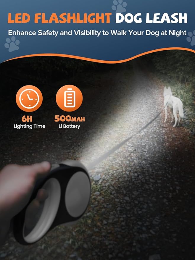 Retractable Dog Leash with LED Flashlight, Douexio Upgrade 3 in 1 Dog Leash Retractable for Small Medium Dogs Up to 66 lbs, Anti-Slip Handle (White)
