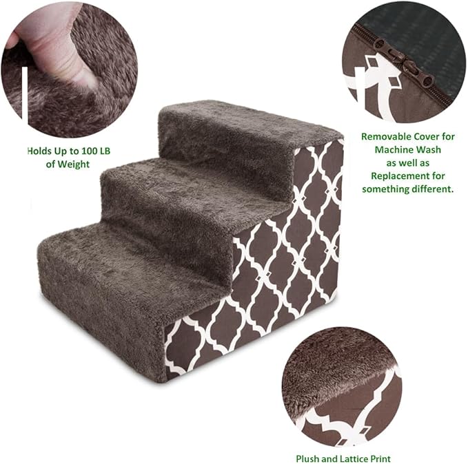 Best Pet Supplies Dog Stairs & Steps - Foam Steps for Small Dogs & Cats, Non-Slip Indoor Balanced Pet Step Support, Dog Ramp, No Assembly, Brown Lattice Print, 3-Step (13.5-inch Height)