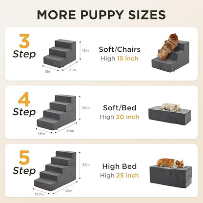 Joydeco Dog Stairs for Bed 25" H, 5-Step Pet Steps for Small Dogs and Cats, Dog Steps for High Bed, Non-Slip Balanced Ramp Indoor Pet Stairs, Gray
