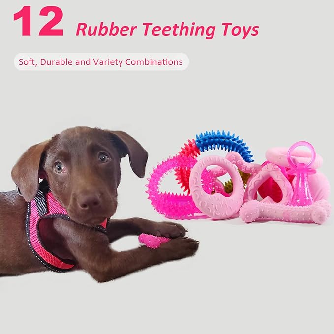 Puppy Toys Set - 20 Pack Pink Dog Chew Toys for Teething Small Breeds - Tough Rope Toys for Puppies, Cute Soft Rubber Toys Bundle with Basket for Girl Pets