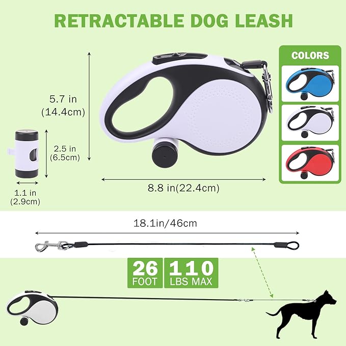 SCENEREAL Retractable Dog Leash for Small Medium Large Dogs up to 110lbs, 26ft 360° Tangle-Free Nylon Tape with Anti-Chewing Wire Rope&Waste Bag Dispenser, Heavy Duty Long Durable One-Handed Brake