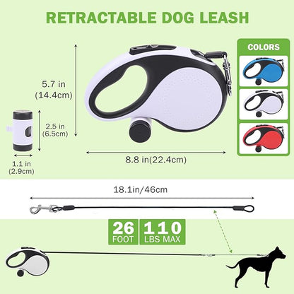 SCENEREAL Retractable Dog Leash for Small Medium Large Dogs up to 110lbs, 26ft 360° Tangle-Free Nylon Tape with Anti-Chewing Wire Rope&Waste Bag Dispenser, Heavy Duty Long Durable One-Handed Brake