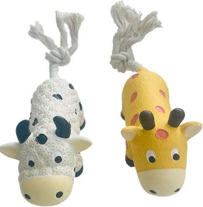 Squeaky Dog Chew Toys, Set of 2 Cow Shaped, with Rope