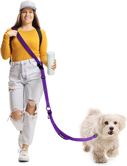 Hands Free Dog Leash, Multifunctional Crossbody Dog Leash, 5.9-9.5Ft Long Waist Belt with Car Seatbelt and Double-Sided Reflective Stitches for Medium and Large Dogs Walking, Jogging(Purple)