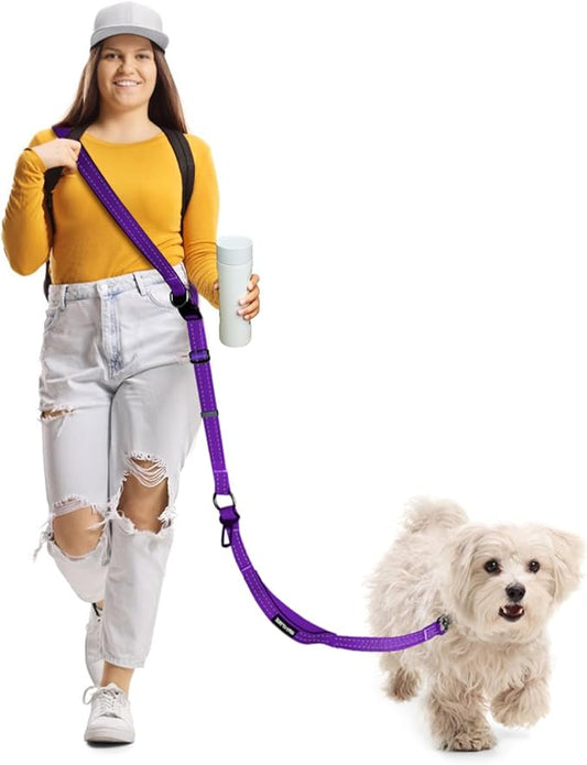 Hands Free Dog Leash, Multifunctional Crossbody Dog Leash, 5.9-9.5Ft Long Waist Belt with Car Seatbelt and Double-Sided Reflective Stitches for Medium and Large Dogs Walking, Jogging(Purple)