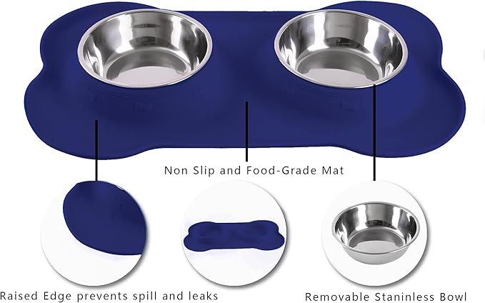Hubulk Pet Dog Bowls 2 Stainless Steel Dog Bowl with No Spill Non-Skid Silicone Mat + Pet Food Scoop Water and Food Feeder Bowls for Feeding Small Medium Large Dogs Cats Puppies (Medium, Navy Blue)