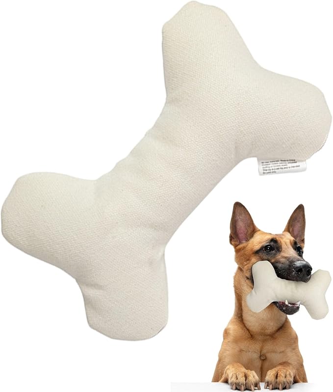 Durable Tough Cotton Canvas Squeaky Dog Toy, Eco-Friendly Interactive Chew Toy for Small, Medium & Large Dogs, T-Bone (White)